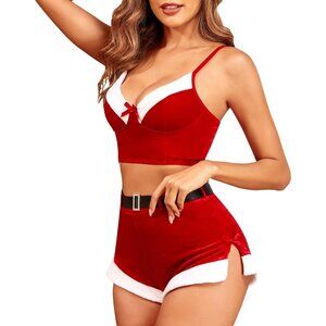 Women's Sexy Santa Doll Teddy Bra and Shorts Velvet Santa Costume Set with Belt